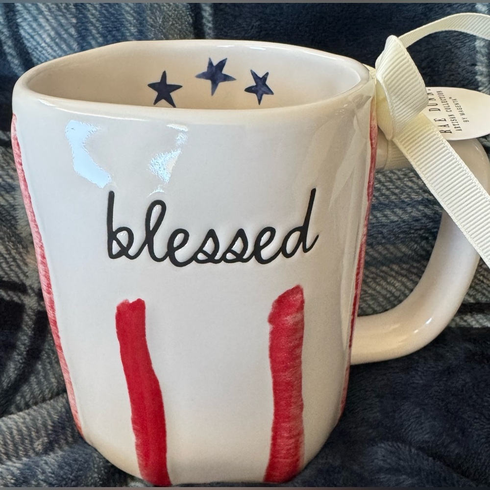RAE DUNN 4TH OF JULY PATRIOTIC USA STARS & STRIPES COFFEE MUG “BLESSED” NEW